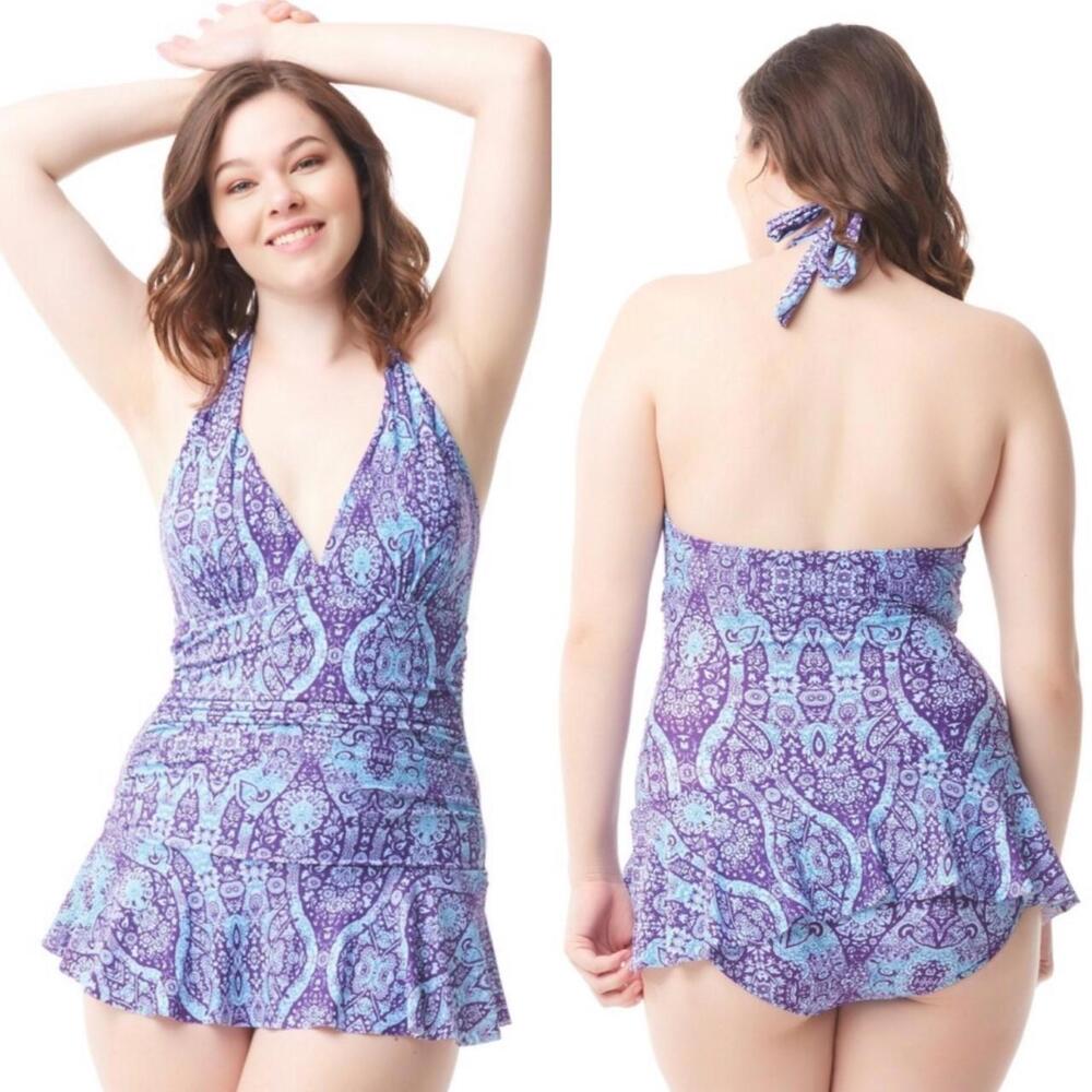 Sea & Sand Beachwear Violet Paisley Halter Swim Dress Plus Size 20W